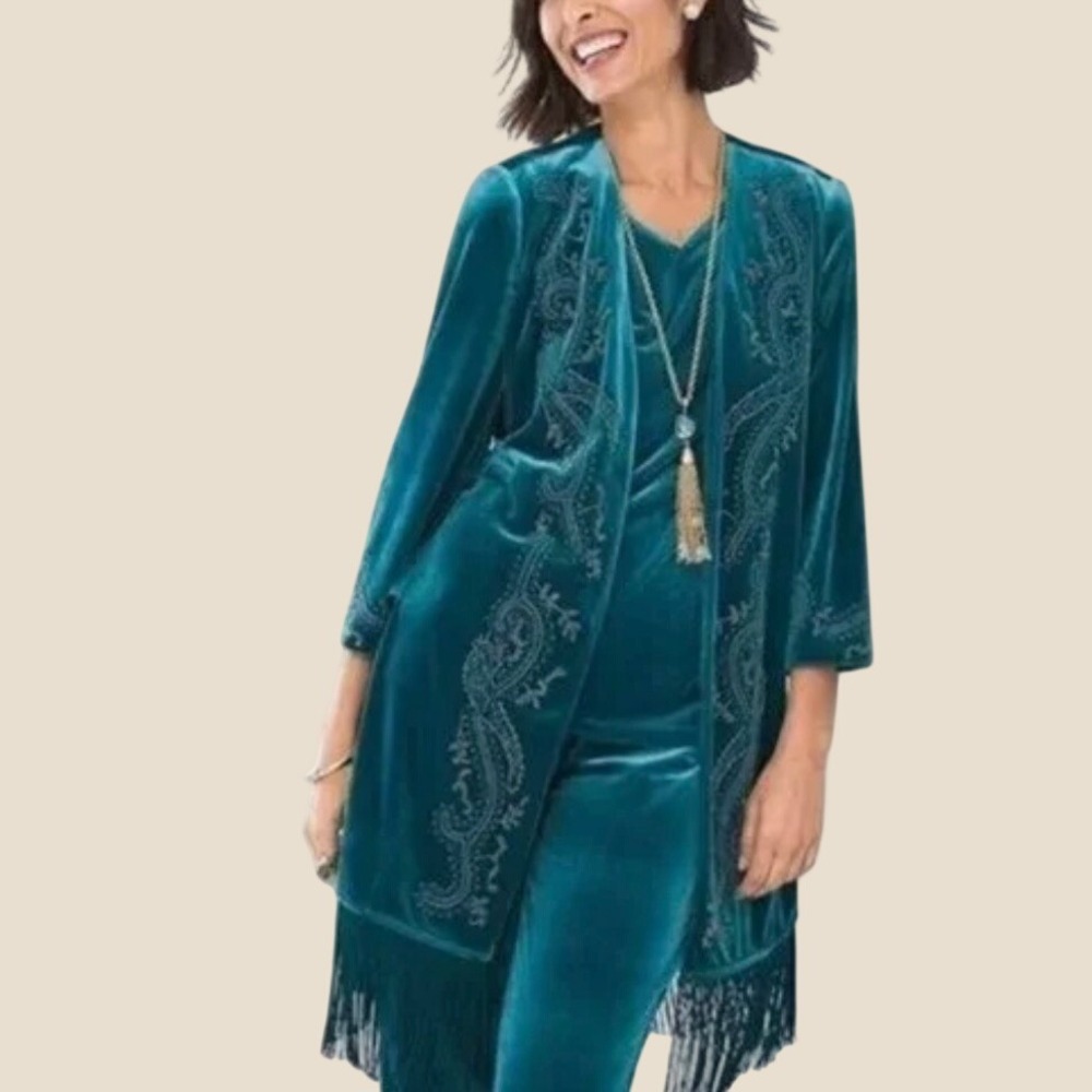 Chicos Travelers Teal Velvet Beaded Paisley Cardigan Sz 3 and Tank Set Sz 4